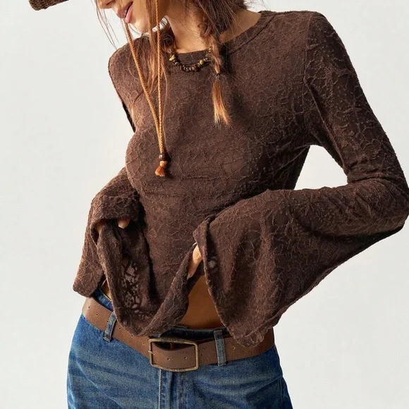 Solid lace Fitted Long Bell Sleeve Top
